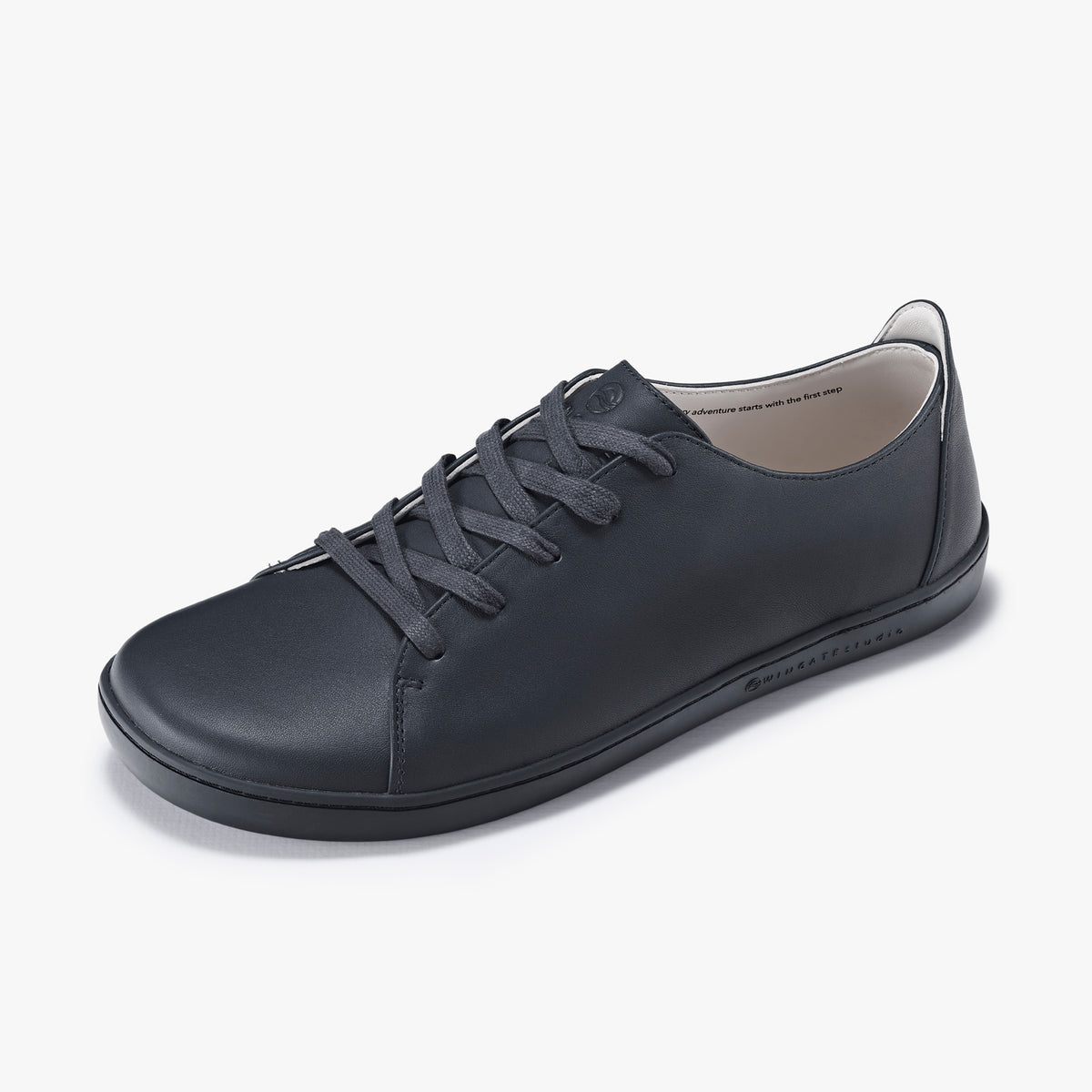 Wingate Studio Purbeck 8 black leather barefoot trainers three-quarter view